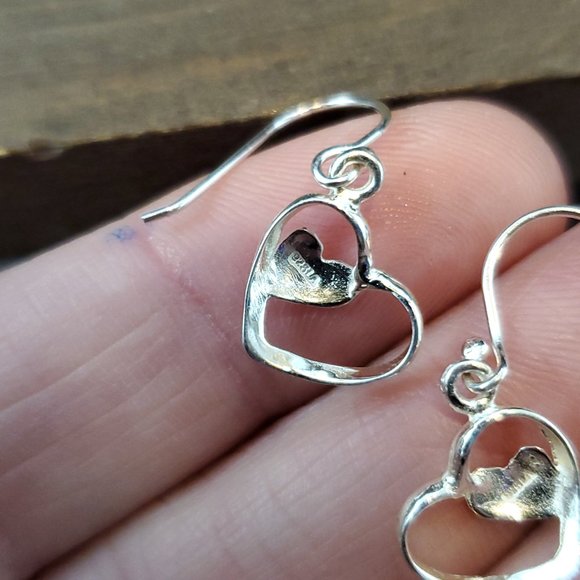 925 Sterling Silver Cute Small Double Heart Earrings - Picture 3 of 5